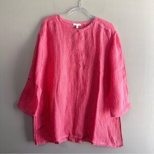 Eileen Fisher 100% Linen Coral White Stripe Button Front Tunic Womens Medium